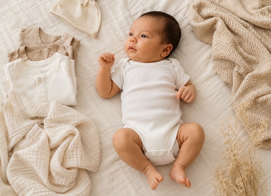 Bebê recém-nascido usando body leve de algodão em ambiente fresco e iluminado, com peças de enxoval adequadas para o clima quente do Nordeste.