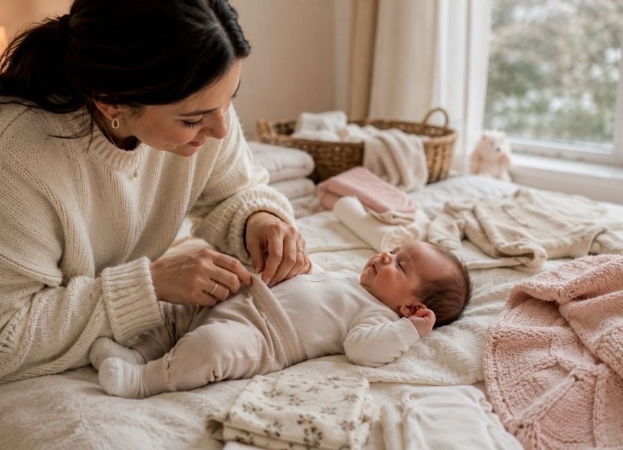 Mãe vestindo bebê recém-nascido em camadas leves e confortáveis durante o inverno no Sul do Brasil, mostrando body, macacão e manta para conforto térmico.
