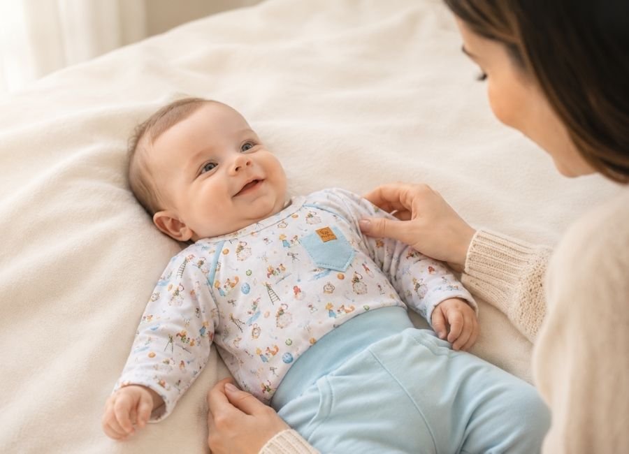 Bebê recém-nascido usando roupinha macia de algodão enquanto a mãe toca delicadamente o tecido em ambiente acolhedor e iluminado naturalmente.