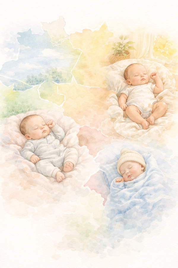 Ilustração em aquarela mostrando bebês vestidos para diferentes temperaturas e regiões do Brasil