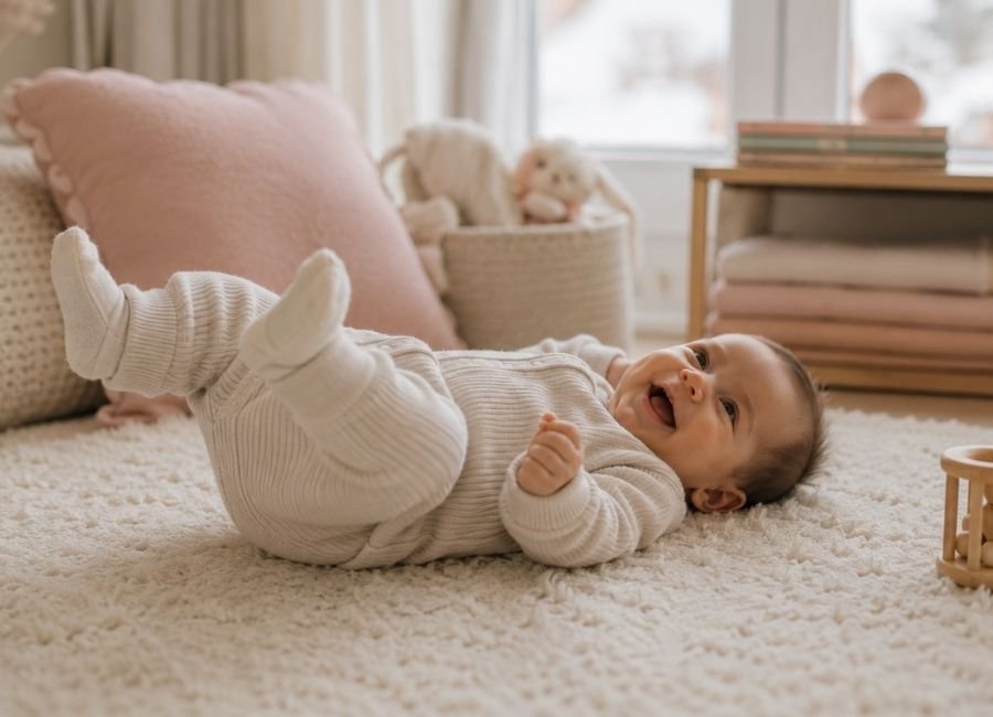 Bebê recém-nascido se movimentando livremente usando roupas confortáveis e leves, mostrando como o conforto influencia o desenvolvimento motor infantil.