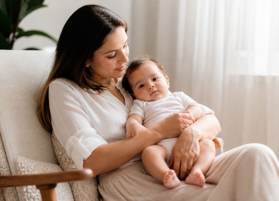 Mãe segurando bebê com roupa leve de verão em algodão, ambiente claro e ventilado, representando como escolher roupa de bebê para o calor com conforto e segurança.