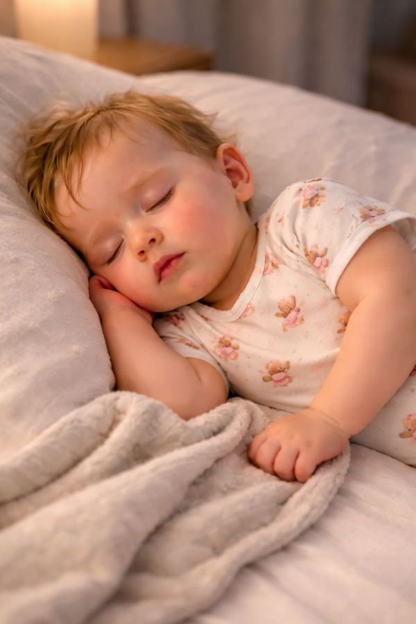 Bebê com leve vermelhidão no rosto e nuca úmida usando roupa leve, ilustrando sinais de que o bebê está com calor em dias quentes