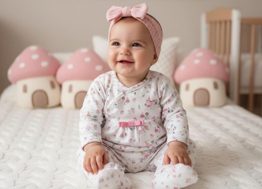 Bebê menina sentada usando macacão em algodão egípcio leve e macio, com liberdade de movimento e conforto para pele sensível em ambiente acolhedor e iluminado naturalmente.