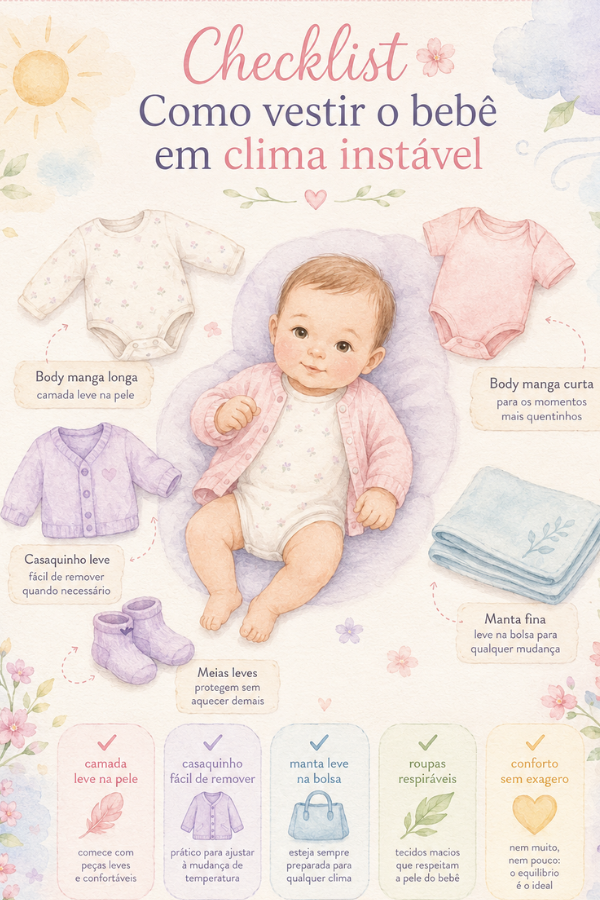 Checklist ilustrado mostrando como vestir o bebê em dias de clima instável usando a técnica das camadas, com body manga longa, body manga curta, casaquinho leve, manta fina e roupas respiráveis.