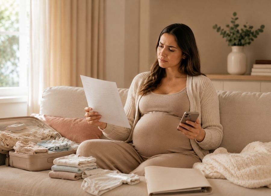 Gestante conferindo checklist da mala da maternidade enquanto organiza os últimos preparativos para a chegada do bebê.