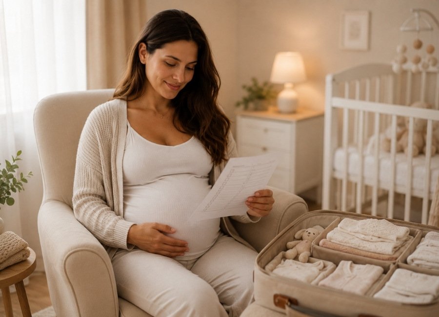 Mãe grávida segurando um checklist da mala da maternidade em um quarto de bebê, transmitindo sensação de organização e preparo para a chegada do bebê.