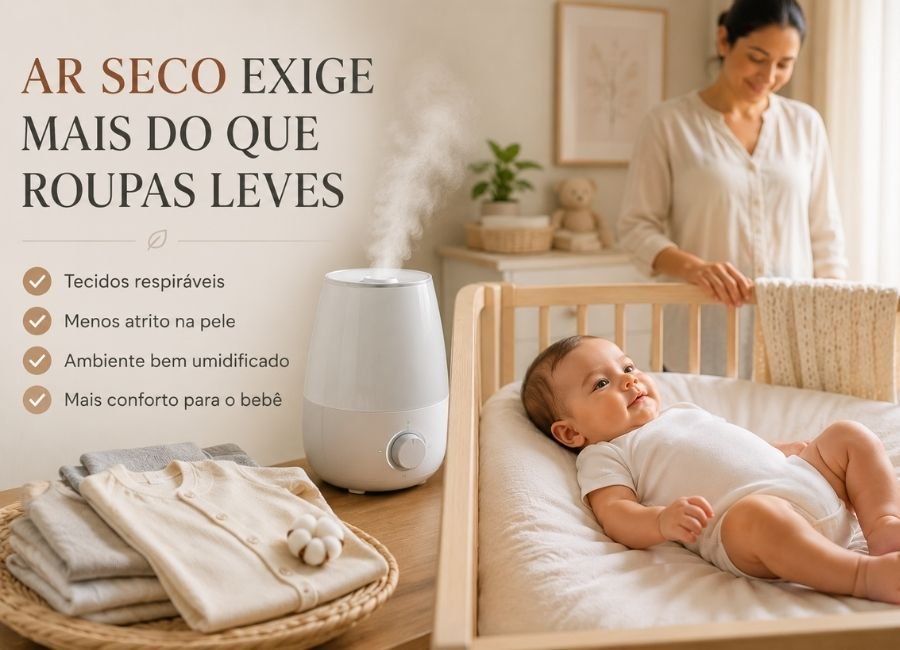 Bebê usando roupa leve de algodão em quarto com umidificador de ar durante período de clima seco no Centro-Oeste. Imagem sobre cuidados com a pele e conforto do bebê em ambientes com baixa umidade.