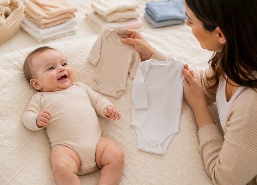Mãe comparando tamanhos de roupa de bebê para escolher a peça mais confortável de acordo com o peso e a altura da criança.