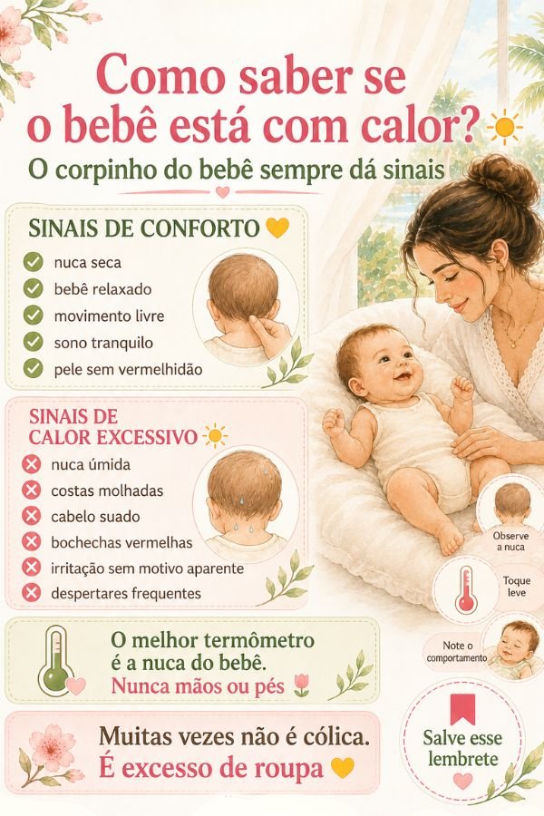 Infográfico educativo mostrando como identificar sinais de calor no bebê. Comparação entre sinais de conforto, como nuca seca e sono tranquilo, e sinais de calor excessivo, como nuca úmida, suor, bochechas vermelhas e irritação. Orientação para verificar a temperatura pela nuca do bebê.
