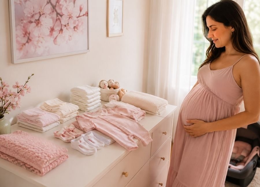 Gestante organizando os itens essenciais do enxoval do bebê, incluindo bodies, macacões, mantas, fraldas e bebê conforto em quarto de bebê iluminado e acolhedor.