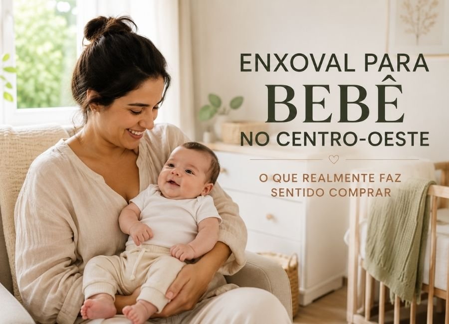 Mãe segurando bebê usando roupas leves de algodão em ambiente iluminado. Imagem representa como montar um enxoval para bebê no Centro-Oeste considerando calor, baixa umidade do ar e amplitude térmica da região.
