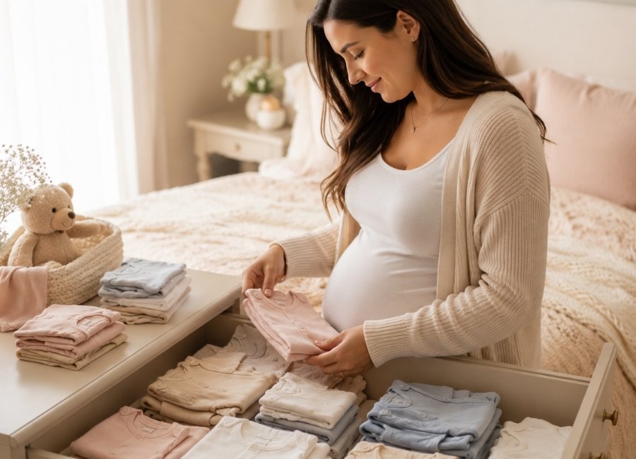 Mãe organizando roupas de bebê separadas por tamanho RN, P e M durante a montagem do enxoval