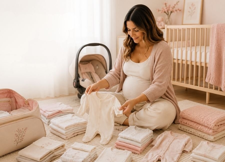 Gestante organizando roupas e itens essenciais do enxoval do bebê em um quarto infantil, representando o planejamento do que comprar antes do bebê nascer.