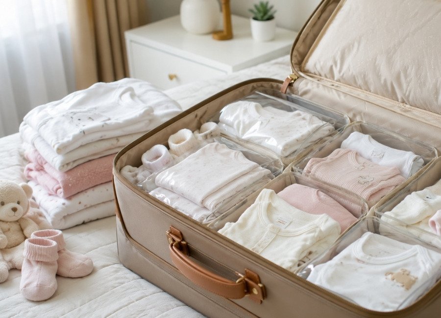 Mala maternidade organizada com kits individuais de roupas de bebê separados para cada troca.