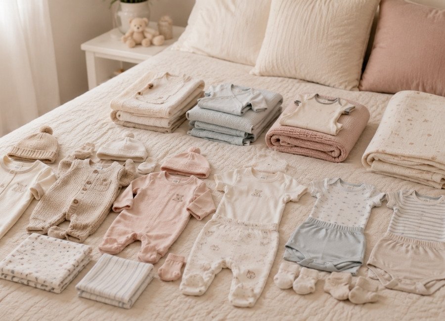 Conjuntos de roupas de bebê organizados sobre uma cama para diferentes necessidades da internação na maternidade.