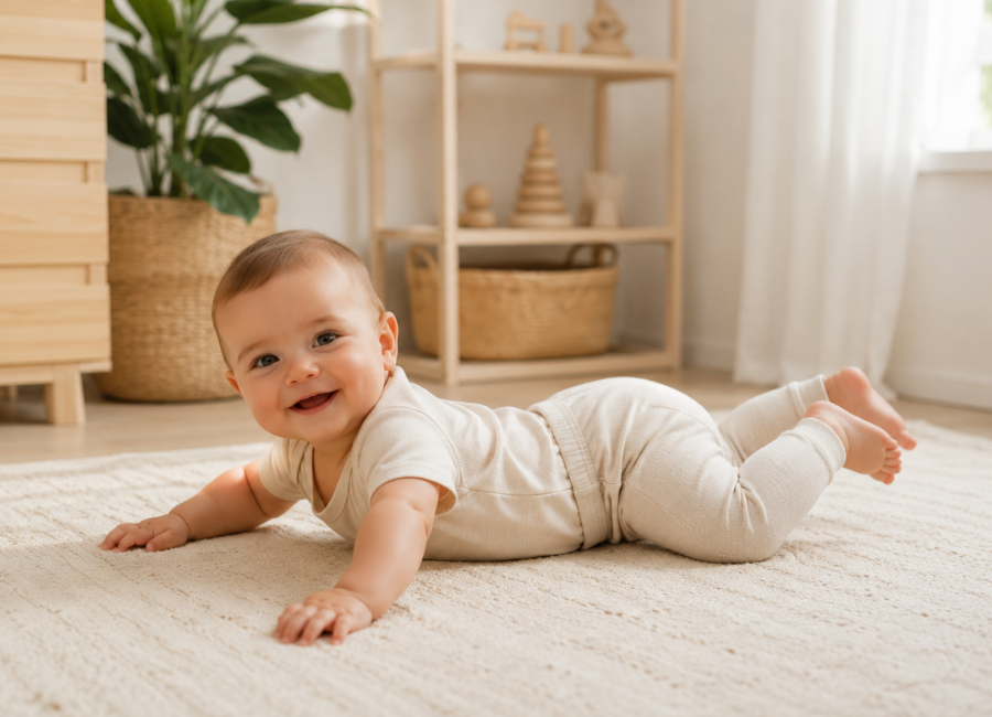 Bebê usando roupa confortável de algodão com liberdade para brincar e se movimentar.