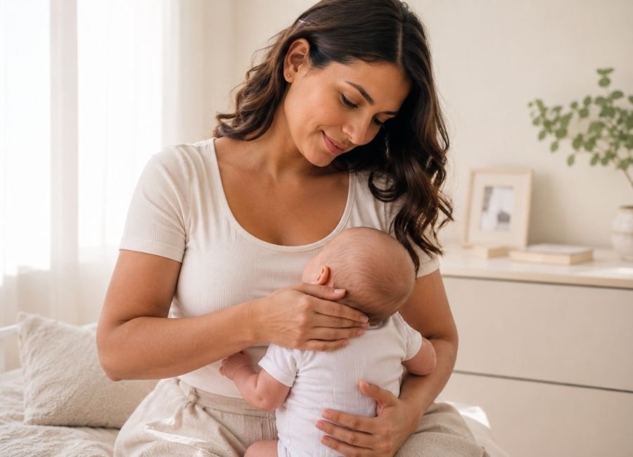 Mãe verificando a nuca do bebê para identificar sinais de calor excessivo e garantir conforto térmico.
