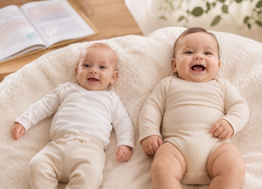 Dois bebês da mesma idade com tamanhos diferentes mostrando a importância do peso e da altura na escolha das roupas
