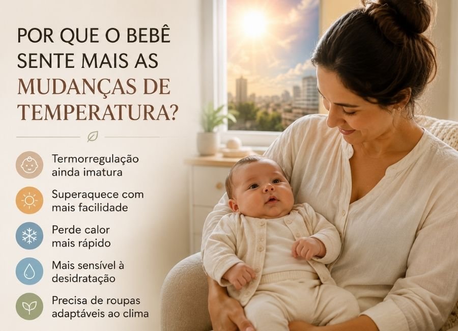 Mãe observando bebê vestido com roupa leve de algodão. Imagem educativa explicando que recém-nascidos possuem sistema de termorregulação imaturo e são mais sensíveis às mudanças de temperatura.