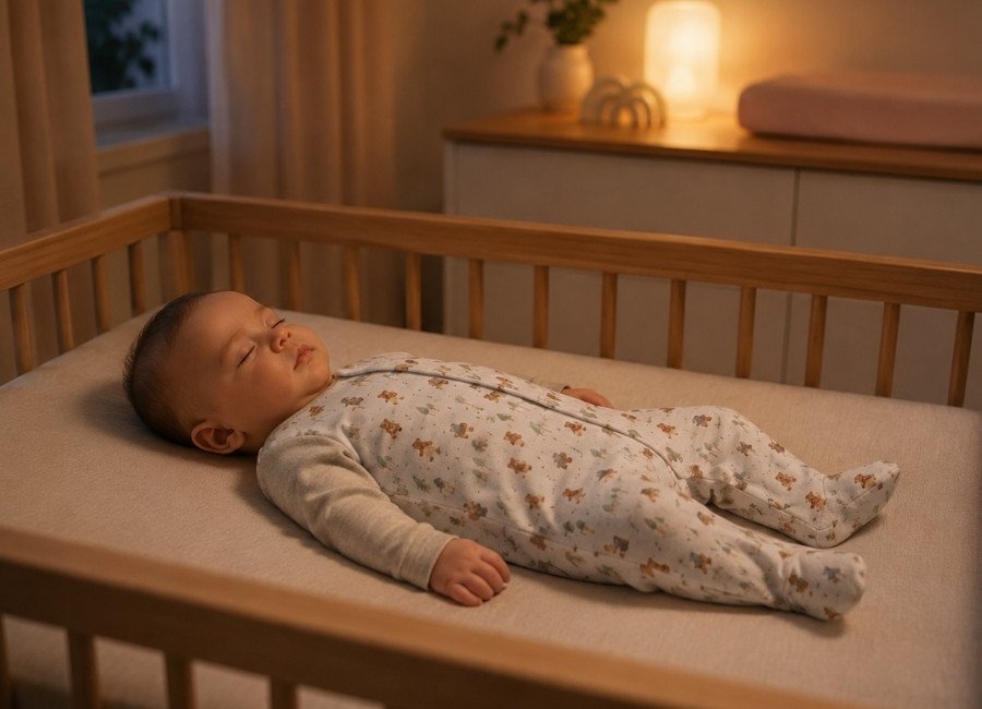 Bebê dormindo tranquilamente em berço seguro usando macacão de algodão confortável.