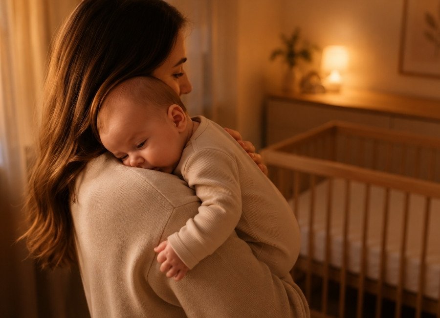 Mãe segurando o bebê no colo durante a rotina de sono.