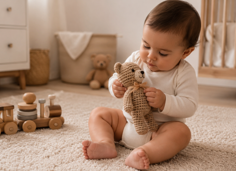 Bebê sentado segurando um amigurumi artesanal em um quarto infantil iluminado por luz natural.