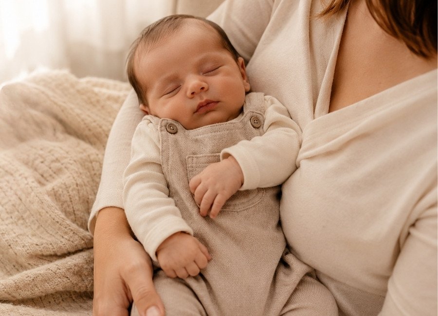 Bebê recém-nascido dormindo tranquilamente no colo da mãe usando roupas confortáveis de algodão adequadas para os primeiros meses.