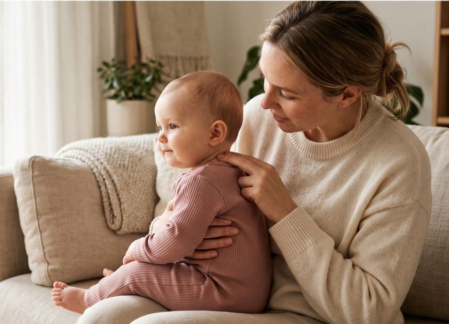 Mãe tocando a nuca do bebê para verificar se a temperatura corporal está confortável.