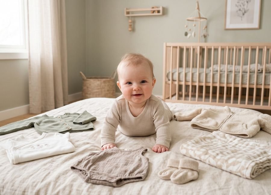 Bebê usando roupas confortáveis adequadas para diferentes temperaturas, com peças organizadas ao redor.