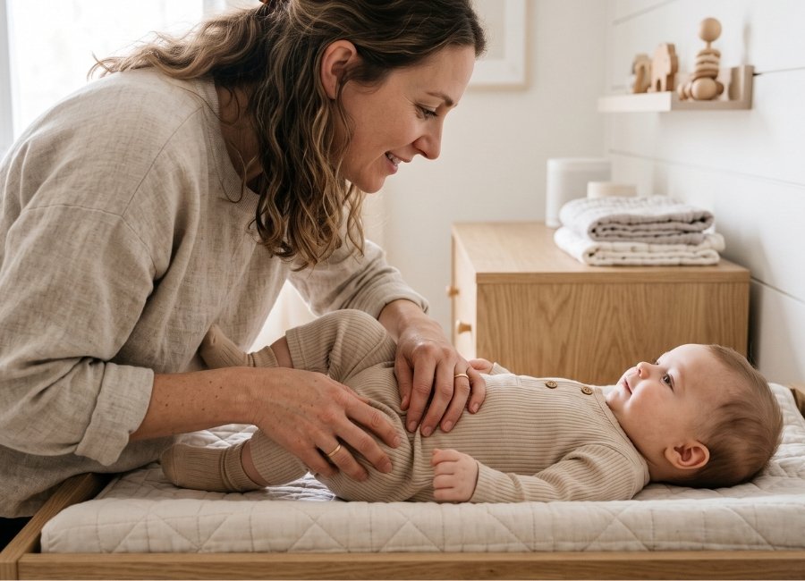Mãe observando o bebê durante a troca de roupa