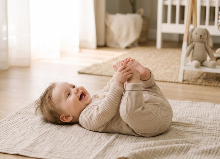 Bebê usando roupa confortável e movimentando braços e pernas livremente