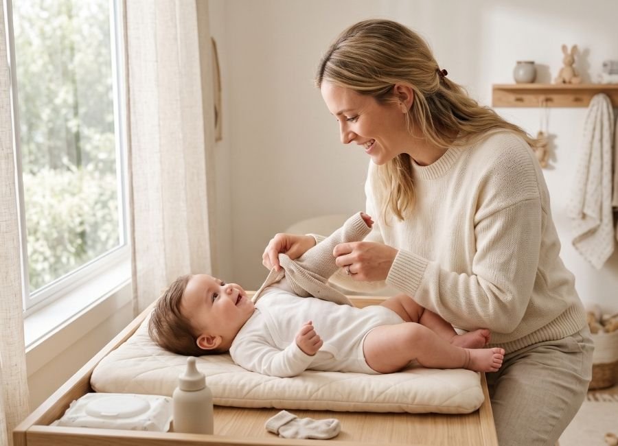 Mãe vestindo o bebê em camadas para adaptar a roupa conforme a temperatura do ambiente.